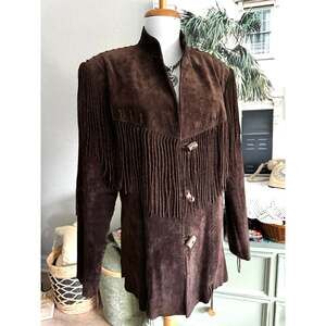 Vintage 90's SCULLY Suede Fringe Western Jacket Boho Cowgirl Toggle Coat XL